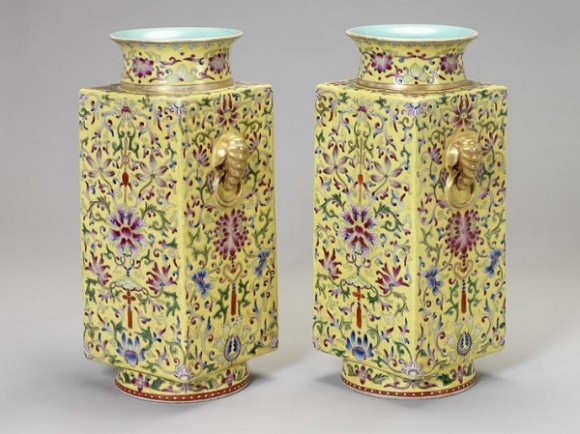 A pair of yellow-ground cong vases cong-vases