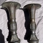 Pair Qing bronze Gu vases 18th C beaker ritualistic vessels ancient patina heavy