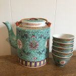 Vintage Chinese Tea Pot And Cups Famille Rose Turquoise Green Made In China Vintage Chinese Tea Pot And Cups Famille Rose Turquoise Green Made In China