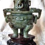 Chinese Vintage Jade Tripod Incense Burner Censer Green Carved Dragon Rings Chinese Vintage Jade Tripod Incense Burner Censer Green Carved Dragon Rings
