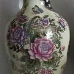 Rare Vintage Chinese Famille Noir Moriage Hand Painted Vase. Scalloped Rim. Rare Vintage Chinese Famille Noir Moriage Hand Painted Vase. Scalloped Rim.