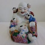 Vintage large 9.25" CHINESE porcelain figurine Famille Rose BUDDHA with Children