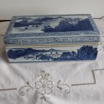 Antique Chinese Porcelain Qianlong Mark Blue White Landscape Covered Brush Box