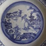 Antique CHINESE PORCELAIN PLATE CANTON Blue Handpanted Coastal Scene Celadon 19C