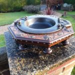 ANTIQUE CARVED HARDWOOD CENSER STAND AND BRONZE BOWL STUNNING ANTIQUE CARVED HARDWOOD CENSER STAND AND BRONZE BOWL STUNNING