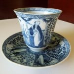 AN ANTIQUE CHINESE ( KANGXI? ) PORCELAIN BLUE & WHITE CUP & SAUCER. AN ANTIQUE CHINESE ( KANGXI? ) PORCELAIN BLUE & WHITE CUP & SAUCER.