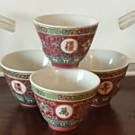 Set Of 4 Chinese Famille Rose Mun Shou Dipping Bowls.
