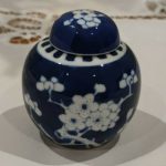 Vintage Chinese Blue Prunus flowers Porcelain Jar with lid Kangxi Mark Signed Vintage Chinese Blue Prunus flowers Porcelain Jar with lid Kangxi Mark Signed