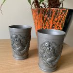 Pair of Antique Chinese Pewter Beakers High Relief Dragon Design Qing Pair of Antique Chinese Pewter Beakers High Relief Dragon Design Qing