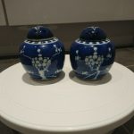 Pair of Chinese Kangxi Circle Marked Ginger Jars, Blue and White Prunus Pattern Pair of Chinese Kangxi Circle Marked Ginger Jars, Blue and White Prunus Pattern