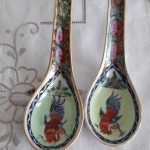 Vintage  Set of 2 Oriental Famille Rose Rooster Rice Spoons c.1950's