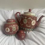 Vintage Red Famille Rose Porcelain Chinese Teapot and Jar set Vintage Red Famille Rose Porcelain Chinese Teapot and Jar set