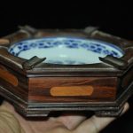Rare Chinese Huanghuali Wood Blue&white porcelain Double Dragon Pen wash Ashtray