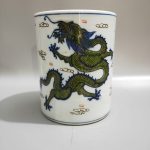 Old Hand painting Guangxu mark Blue white colorful double dragon pen container Old Hand painting Guangxu mark Blue white colorful double dragon pen container