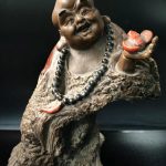 10" Old China Wucai Porcelain FengShui Bat Happy Laugh Maitreya Buddha Sculpture