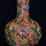 16" Daqing Qianlong Marked Wood Lacquer Bottle Vase Golden Peach Leaf 16" Daqing Qianlong Marked Wood Lacquer Bottle Vase Golden Peach Leaf