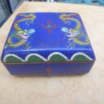 Antique Chinese Cloisonne Enamel Footed Trinket Box with Twin Dragon Design Antique Chinese Cloisonne Enamel Footed Trinket Box with Twin Dragon Design