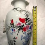 Chinese White Vase featuring Red Birds with blue & black foliage - signed Chinese White Vase featuring Red Birds with blue & black foliage - signed