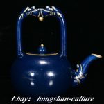 7" Old Yongzheng Year Blue Glaze Porcelain Gilt Dragon flagon Teapot Teapot 7" Old Yongzheng Year Blue Glaze Porcelain Gilt Dragon flagon Teapot Teapot