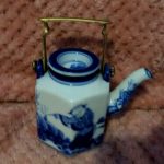 Delightful Chinese Export Hexagonal Blue & White Teapot with Brass Handle Delightful Chinese Export Hexagonal Blue & White Teapot with Brass Handle