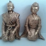 Vintage Solid Bronze Japanese Man & Women Figurines. Samurai & Geisha. V Heavy.