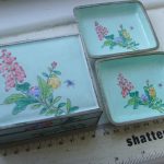 Vintage Japanese oriental enamel trinket box with two enamel trays flowers Vintage Japanese oriental enamel trinket box with two enamel trays flowers