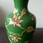 19c Japanese Cloisonné Vase w Ruyi Neck RARE GREEN Ground w Floral Pattern