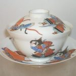 CHINESE VINTAGE TEA OR RICE BOWL WITH COVER AND PLATE - DECORATED WITH WARRIOR CHINESE VINTAGE TEA OR RICE BOWL WITH COVER AND PLATE - DECORATED WITH WARRIOR