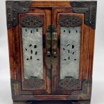 Antique Qing Dynasty Chinese Jewellery Box Cabinet - Jade Panel Brass Bound Antique Qing Dynasty Chinese Jewellery Box Cabinet - Jade Panel Brass Bound