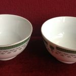 Two Chinese export tea cups made in China 1970s retro green rim design gold edge Two Chinese export tea cups made in China 1970s retro green rim design gold edge