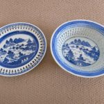 VINTAGE BLUE & WHITE CHINESE LATTICE OVAL BOWL & PLATE VINTAGE BLUE & WHITE CHINESE LATTICE OVAL BOWL & PLATE
