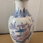 vintage hand painted large ceramic Chinese vase Blue White Pink With Birds vintage hand painted large ceramic Chinese vase Blue White Pink With Birds