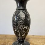 Old Black Soapstone Engraved/etched Vase With Immortal Shou Deity Unique Art