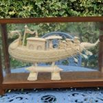 Vintage Softwood Carved Indian Boat in Wood Framed Glass Case.Delicate. Vintage Softwood Carved Indian Boat in Wood Framed Glass Case.Delicate.
