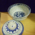 Antique Chinese RICE PATTERN Dragon Porcelain Horseshoe Shape Bowl with Lid Antique Chinese RICE PATTERN Dragon Porcelain Horseshoe Shape Bowl with Lid