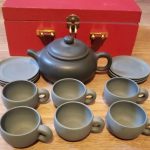 VINTAGE Signed Chinese Traditional Yixing Zisha Tea Set Brown Clay Red Box