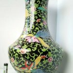 19c LARGE Japanese Famille Noire Vase Lamp Base w Phoenix Griffin - Marked Base