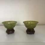 Pair of vintage Chinese bowls with wooden stands in original box. Pair of vintage Chinese bowls with wooden stands in original box.