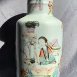 Antique Chinese Female Scholar & Playing Boys Tongzhi Seal Rouleau Verse Vase Antique Chinese Female Scholar & Playing Boys Tongzhi Seal Rouleau Verse Vase
