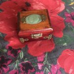 OLD CHINESE JADE INSET WOOD TRINKET BOX WITH BRASS FITTINGS OLD CHINESE JADE INSET WOOD TRINKET BOX WITH BRASS FITTINGS
