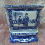 Vintage Antique Chinese scenes  Blue & White Jardiniere Planter & Stand signed