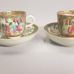 Chinese antique Canton enamel teacup and saucer pair/ 19th Chinese antique Canton enamel teacup and saucer pair/ 19th