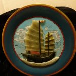 Vintage Chinese cloisonne plate decorated with ship made of coloure jades, 30 cm Vintage Chinese cloisonne plate decorated with ship made of coloure jades, 30 cm