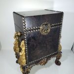 Chinese Laquered Footed Chest Embossed With Brass Handles & Clasp Chinese Laquered Footed Chest Embossed With Brass Handles & Clasp
