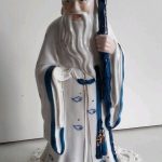 Blue and white, Large Figurine of Sau, Chinese God of Longevity, with Staff. Blue and white, Large Figurine of Sau, Chinese God of Longevity, with Staff.