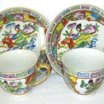 TWO HAND painted Chinese CUPS & SAUCERS (FIGURINE & FLORAL pattern) RARE ITEM TWO HAND painted Chinese CUPS & SAUCERS (FIGURINE & FLORAL pattern) RARE ITEM