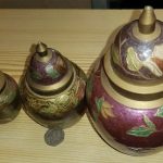 VINTAGE ASIAN ORIENTAL BRASS ENAMEL DECORATIVE GINGER JAR SET OF 3 multicolored VINTAGE ASIAN ORIENTAL BRASS ENAMEL DECORATIVE GINGER JAR SET OF 3 multicolored