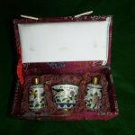 Vintage Cloisonne Emamel Ware Cruet set in Asian Fabric Covered Box Vintage Cloisonne Emamel Ware Cruet set in Asian Fabric Covered Box