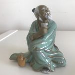 CHINESE 3.75" SHIWAN POTTERY FIGURINE MUDMAN OLD MAN DRINKING TEA PART GLAZED CHINESE 3.75" SHIWAN POTTERY FIGURINE MUDMAN OLD MAN DRINKING TEA PART GLAZED