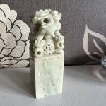 chinese soapstone seal, the top finely carved with a Dog of Foe- 4 1/2in. high chinese soapstone seal, the top finely carved with a Dog of Foe- 4 1/2in. high